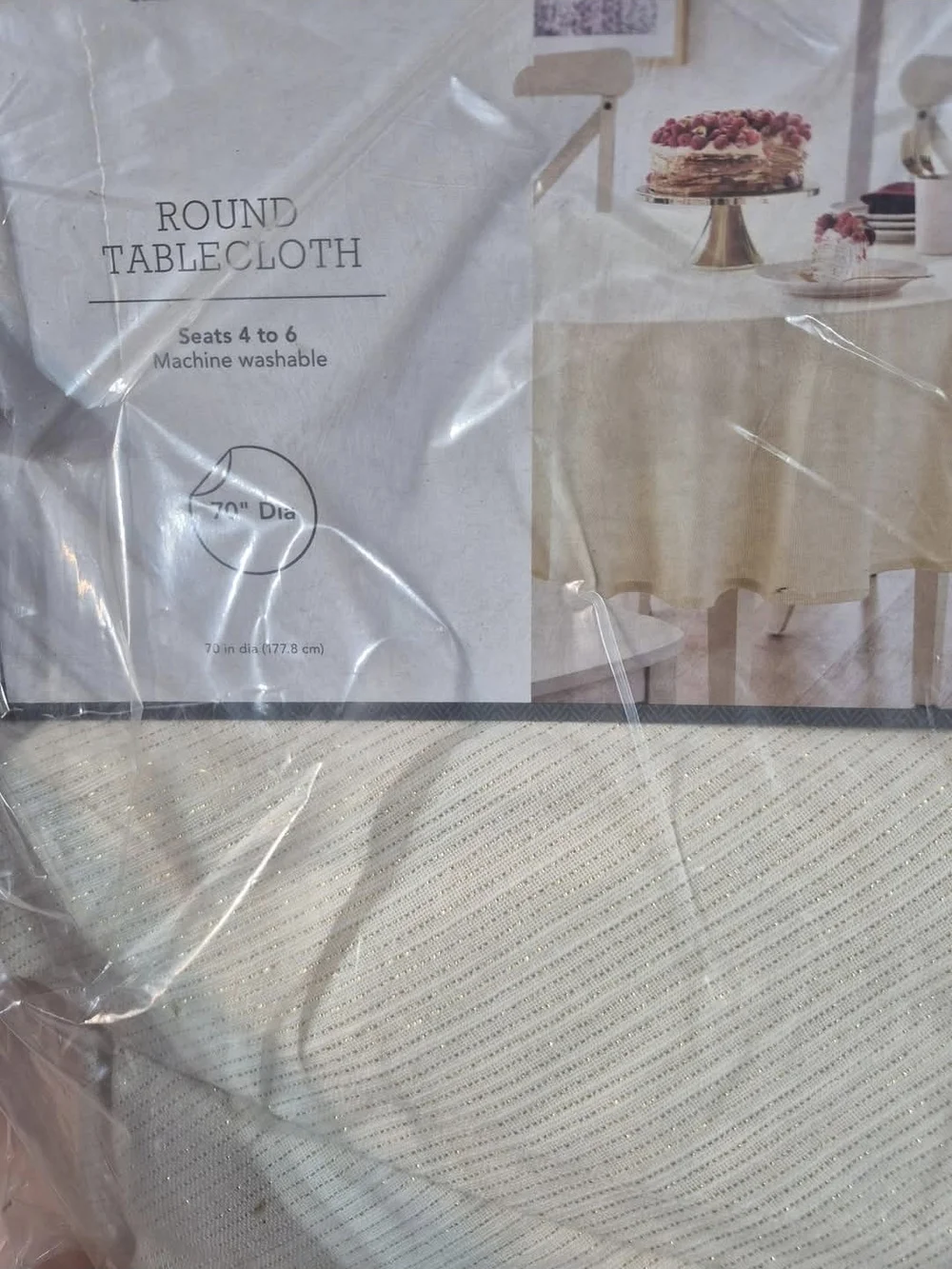 Threshold Cream Round Tablecloth with Subtle Stripe Texture